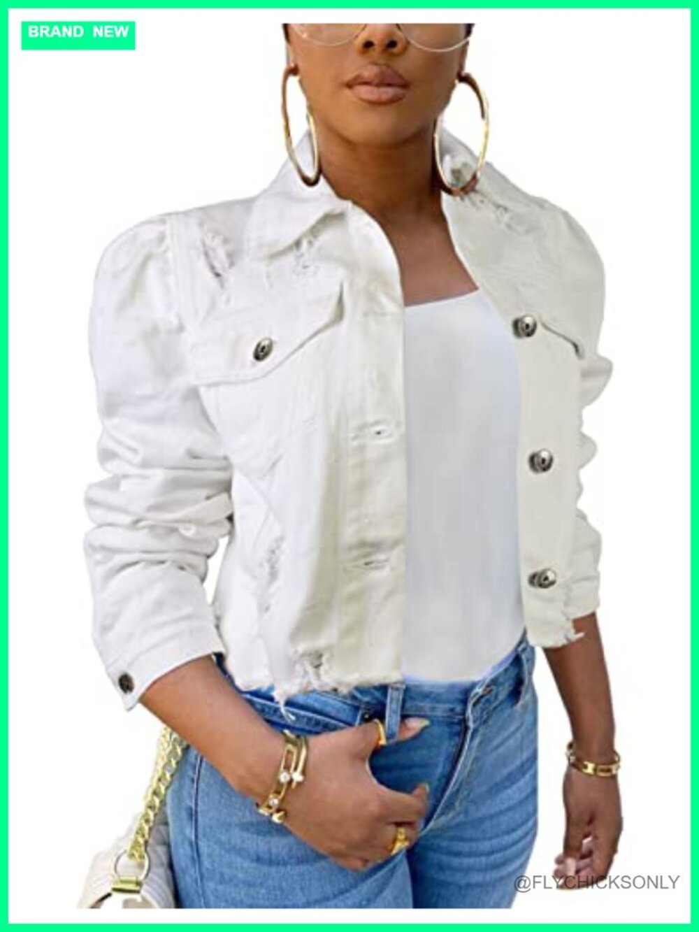 Womens Cropped Distressed Denim Jacket Puff Sleeve Trucker